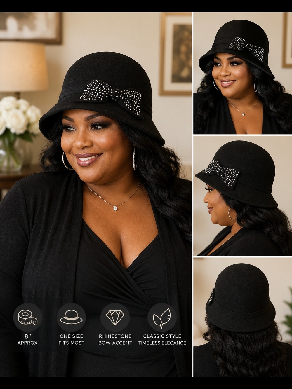 American Glamour Badgley Mischka Black Cloche Hat Rhinestone Bow OS